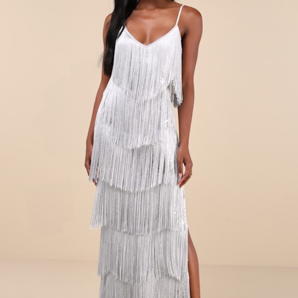 Lulus Get In The Groove Silver Sequin Fringe Bodycon Maxi Dress - Size S